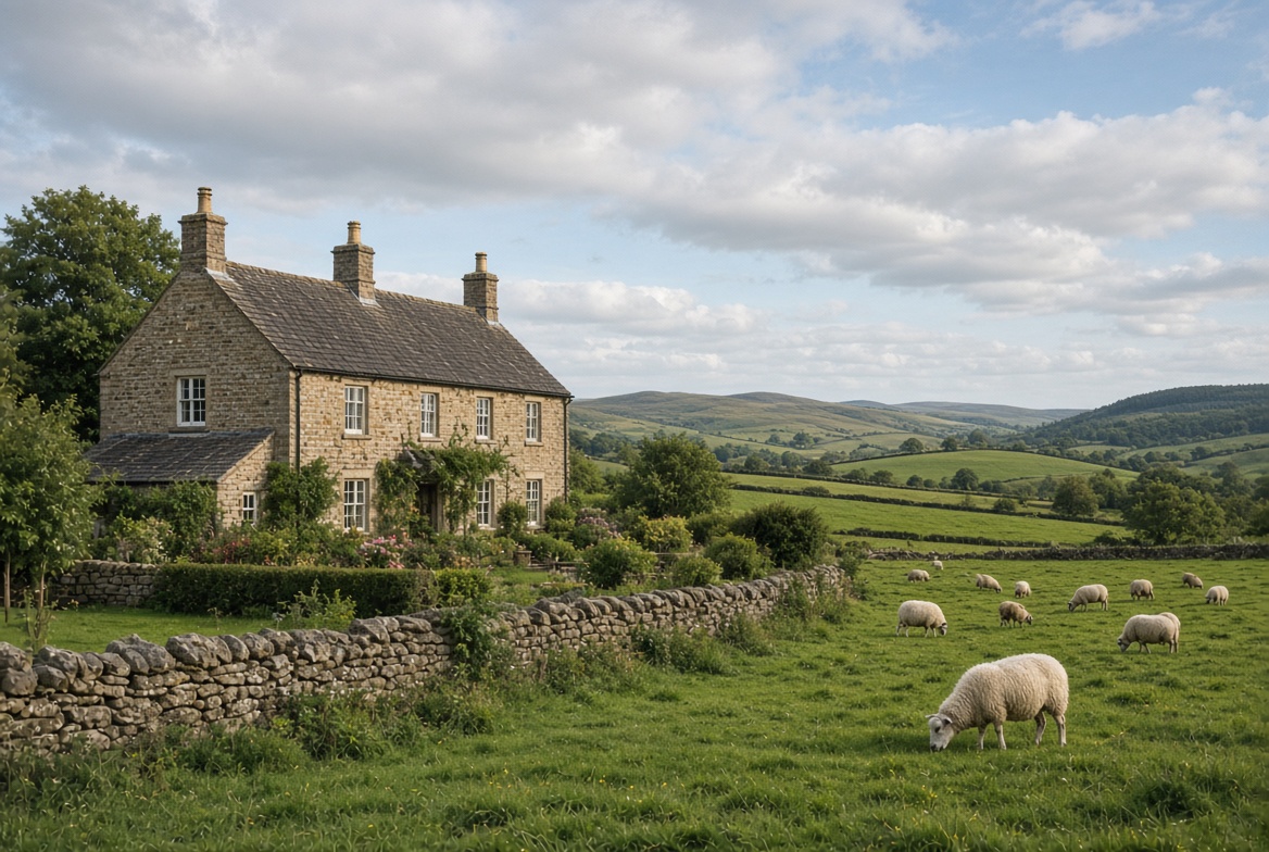 Traditional British farmhouse and fields